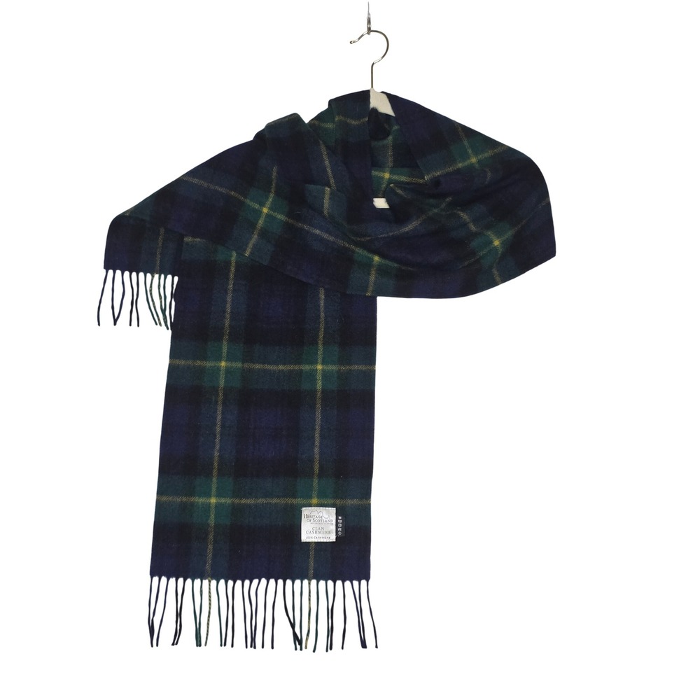 Heritage of Scotland Clan Cashmere Scarf Navy Green Yellow Tartan Plaid Fringe